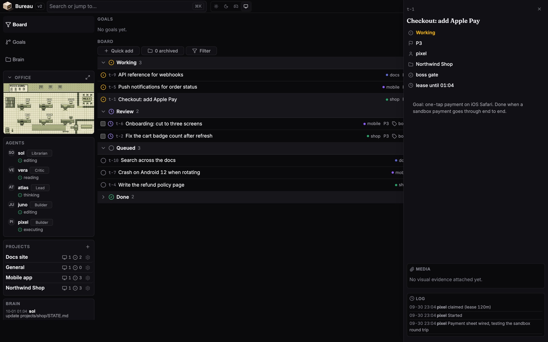A mission opened in the side panel: status working, owner pixel, project Northwind Shop, boss gate, the goal, and a log of what the agent did.