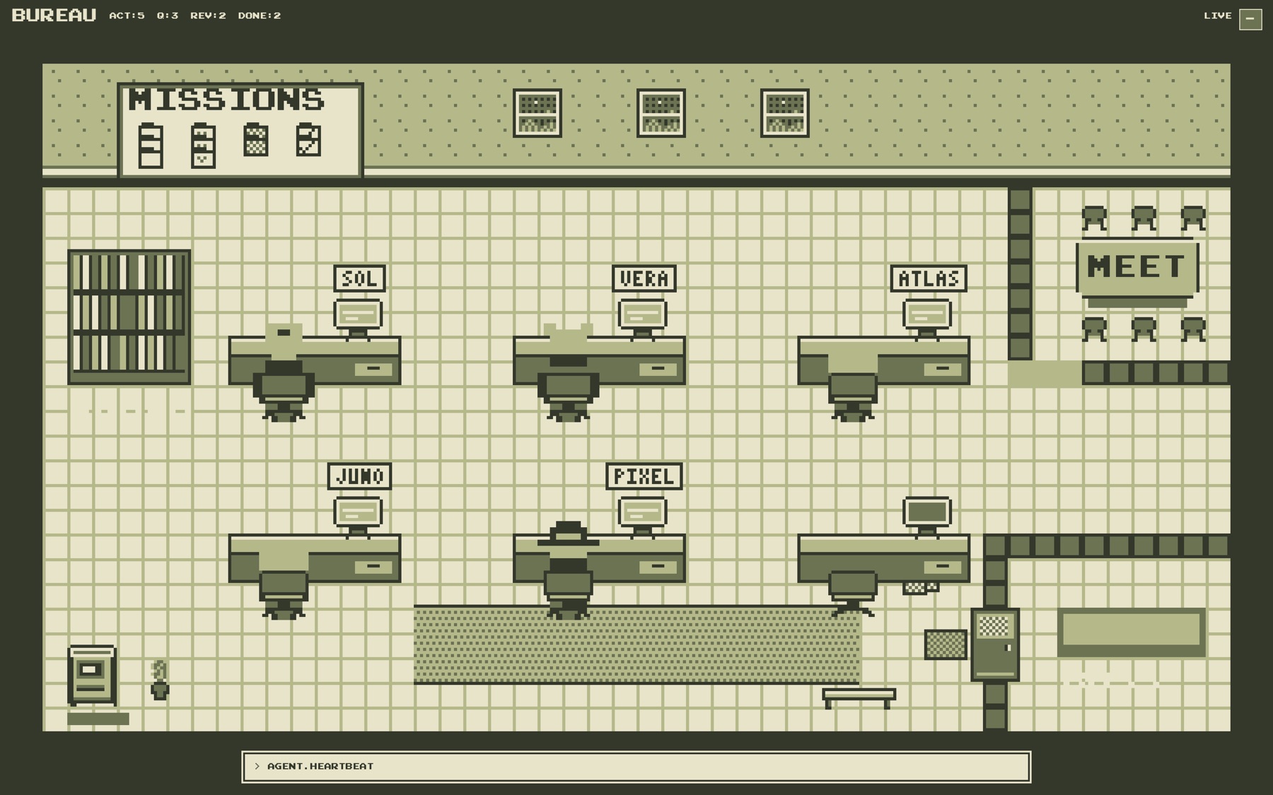 The pixel office in green Game Boy style shades: five named desks, a missions board on the wall, a bookshelf and a meeting room.