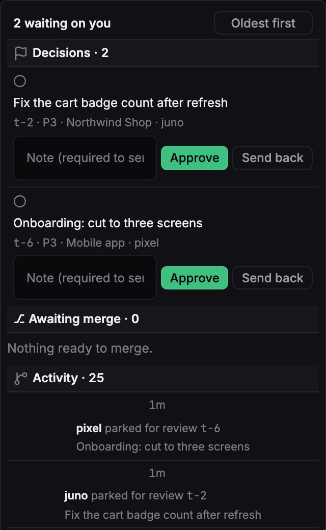 The waiting-on-you panel: two decisions, each with a note field, an Approve button and a Send back button.